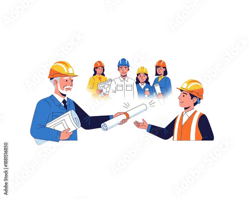 Senior architect handing blueprint to young worker, construction mentorship concept, experienced manager delegating task to junior, engineering team background, flat vector illustration.