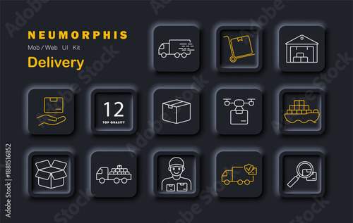 Delivery set icon. Depicts truck, hand trolley, warehouse, package, drone, shipping box, open box, courier, magnifier, container ship, number badge