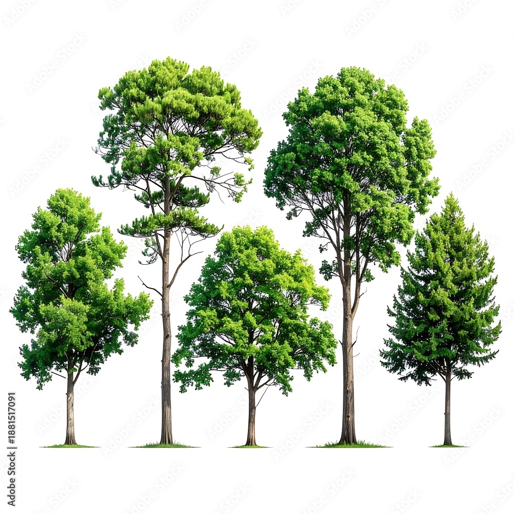 Obraz premium A collection of five trees with varying shapes and sizes on a white background