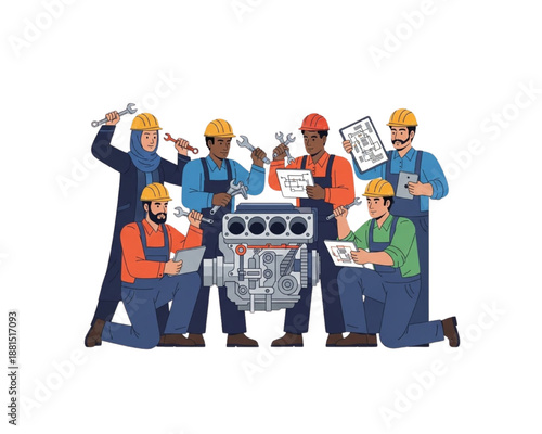 Diverse mechanics team repairing engine, industrial engineers group with tools and blueprints, auto service technicians checking motor, professional workforce concept flat vector illustration.
