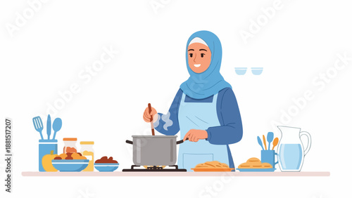 A woman in a blue hijab cooking