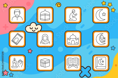 Islam set icon. Mosque, moon, star, prayer rug, hijab, Quran, candle, holy book, kaaba, people, place, religion elements with tradition, worship, culture, faith, belief