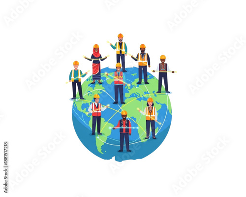 International engineering team on earth globe, global workforce networking concept, diverse construction workers with safety vests and helmets, worldwide labor connection flat vector illustration.