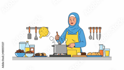 A woman cooks in a kitchen