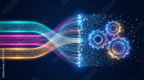 Agentic ai workflow artificial intelligence technology automation glowing data stream merges with digital gears futuristic creative concept