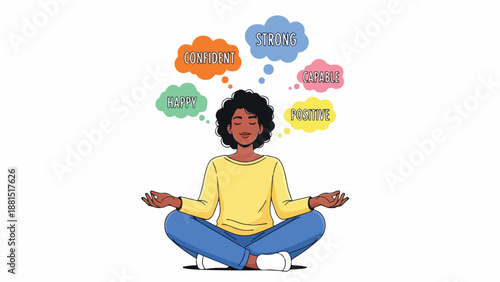A woman meditates with thought bubbles