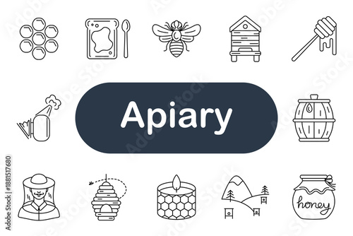 Apiary set icon. Honeycomb, bee, hive, jar, honey dipper, beekeeper, smoker, barrel, frame, mountain apiary, nectar, wax, flower, nature, beekeeping, farm, pollination, agriculture, production harvest