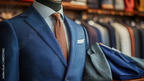 Tailored suits displayed in a store with various colors and styles on hangers in the background during daylight hours