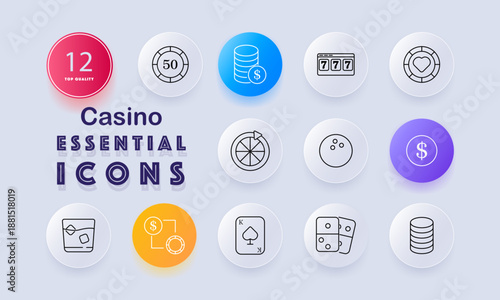 Casino set icon. Chips, slot reel, roulette wheel, ball, dollar coin, dice, cards, drink, table, currency icon, heart chip, betting tools