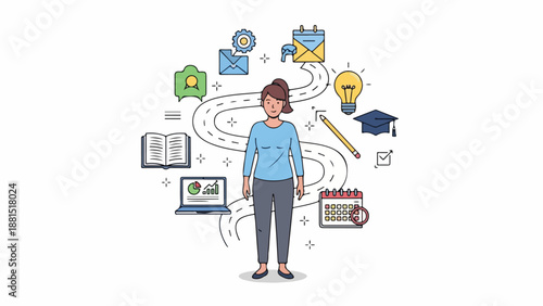 A woman surrounded by learning and productivity icons