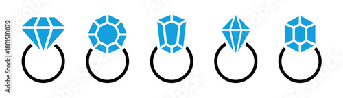 Diamond rings with gem stones vector illustration set