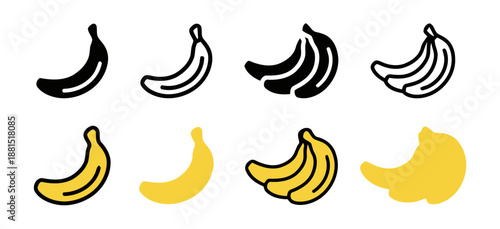 Different bananas vector icons set in various styles