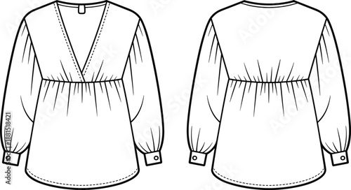 Technical Fashion Illustration of Women's Blouse with Deep V-Neck, Empire Waist, Puff Sleeves, Front and Back Views