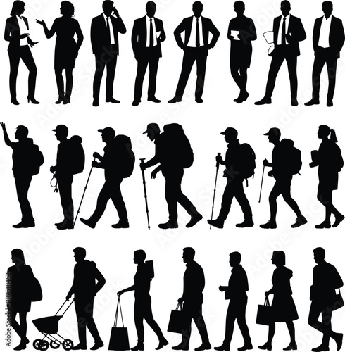 People lifestyle silhouettes collection, business professionals hikers shoppers walking daily activities isolated vector illustration