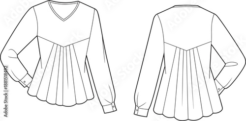 Technical Fashion Illustration of Women's Blouse with V-Neckline, Pleated Design, Long Sleeves, Front and Back Views for Designers