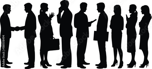 Business people silhouettes interaction, professional corporate team handshake communication meeting isolated vector illustration design concept