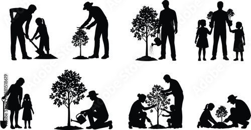 Family planting and caring trees together silhouette illustration set showing parents children gardening watering environmental education nature vector black white art