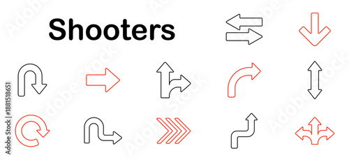 Shooters set icon. Arrows, direction, u-turn, curve, reload, navigation, path, pointer, rotation, route, indicator, turn, motion, signal, shift, way.