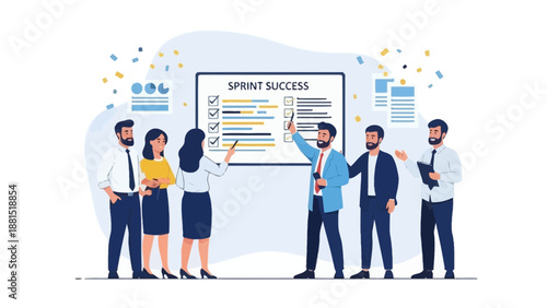 Team celebrating sprint success, planning, presentation, business meeting, project completion