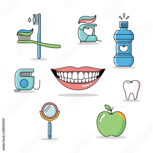 Colorful dental hygiene icons on white