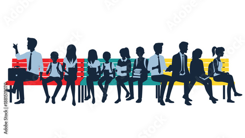 Silhouettes of diverse people, including adults and children, sitting on colorful benches, depicting a group waiting or learning together.