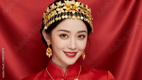 Smiling Asian woman in red traditional dress with gold jewelry