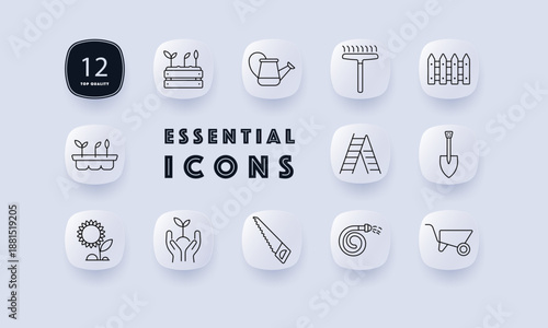 Gardening set icon. Watering can, shovel, rake, wheelbarrow, seeds, sprouts, gloves, ladder, sunflower, hose, saw, fence, planter box, hands, growth equipment in flat outline.