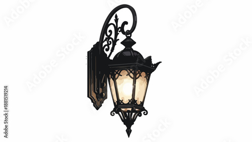 Ornate outdoor wall lamp with lit glass panels
