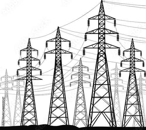 Electricity transmission towers landscape, high voltage power grid infrastructure silhouette isolated vector illustration design