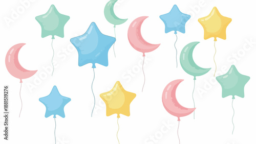 Pastel balloons in star and moon shapes float on strings