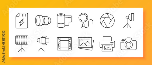 Photography set icon. Camera, lens, flash, light, film, frame, printer, equipment, photo, studio, shoot, aperture, tripod, device, focus, exposure, image, gallery, print, technology