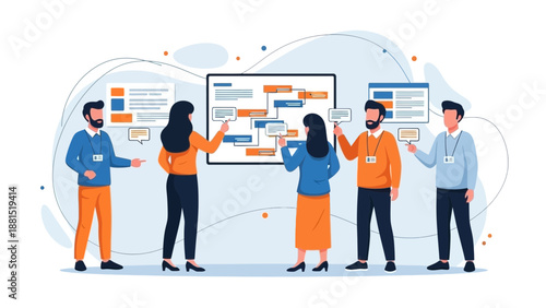 Team Meeting and Planning with Flowchart on Whiteboard - Business Strategy