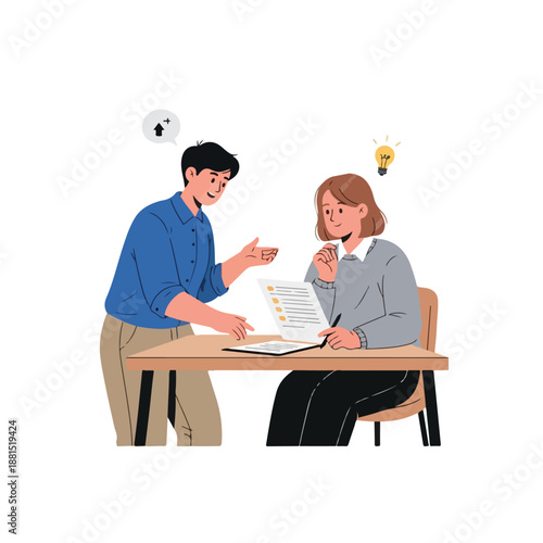 Two coworkers discuss documents