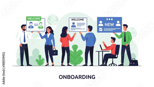 Team onboarding illustration: new employees welcomed with digital profiles and checklists