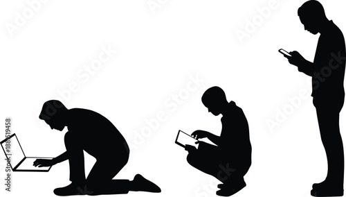 Technology usage evolution silhouette, people using laptop tablet smartphone digital lifestyle isolated vector illustration concept