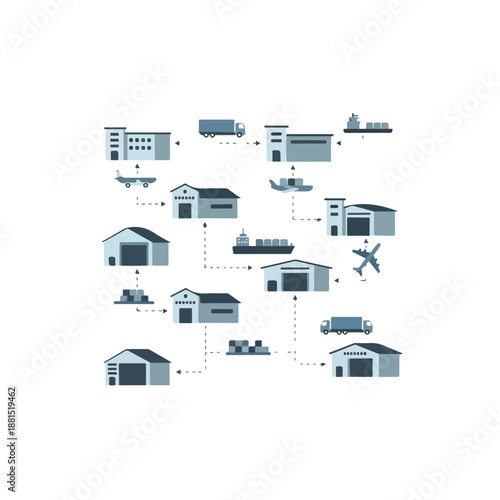 Infographic of various transportation methods and buildings