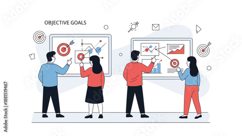 Team planning and strategy meeting with charts and targets