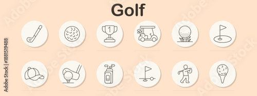 Golf set icon. Club, ball, trophy, cart, tee, hole, flag, cap, swing, bag, course, player.