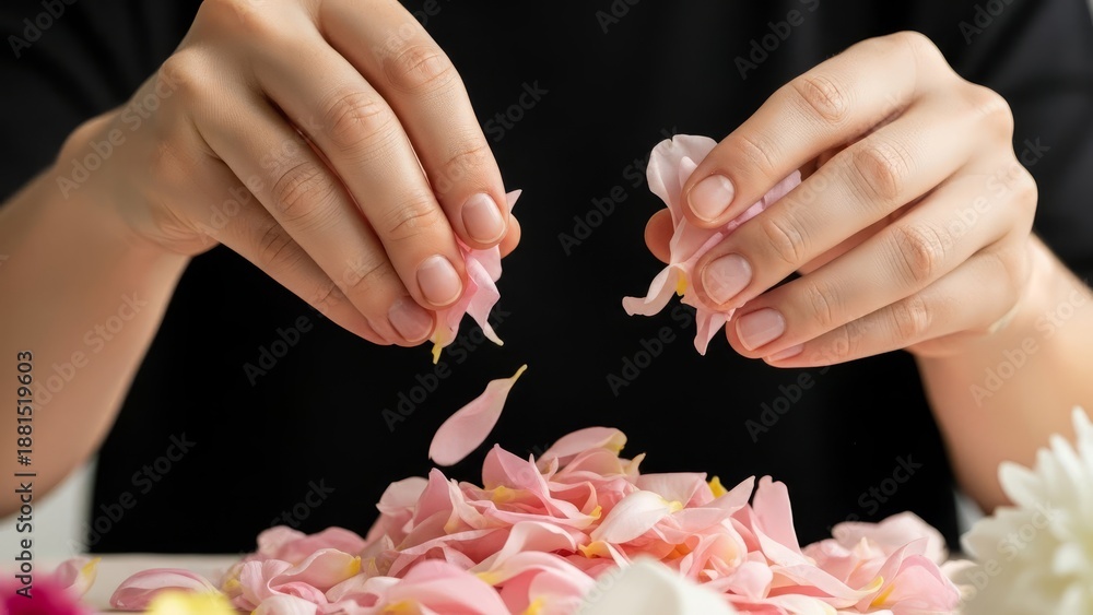 Fototapeta premium Hands gently sprinkling fresh flower petals, capturing beauty, celebration, ritual, and delicate decorative motion in a calm lifestyle scene
