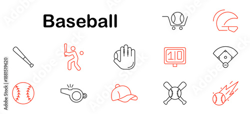 Baseball set icon. Bat, glove, ball, field, scoreboard, player, helmet, whistle, cap, strike, pitching, catcher, crossbats, throw, team, game.