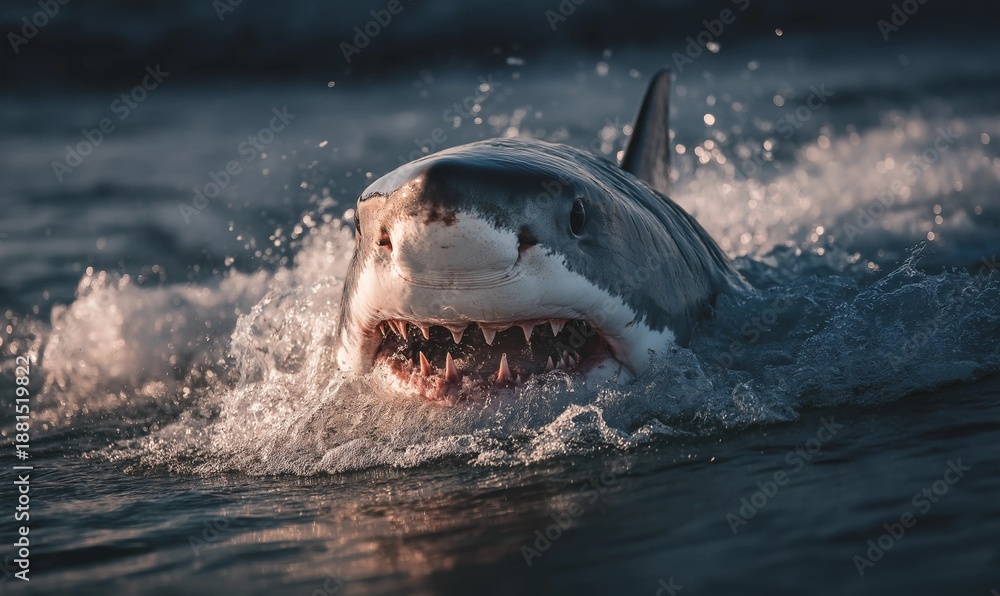 Fototapeta premium Shark on surface of sea with waves and teeth