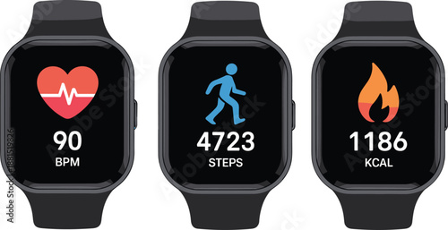 Smartwatch fitness tracking display, heart rate steps calories health monitoring wearable technology illustration vector interface