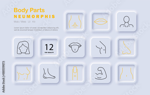 Body parts set icon. Neumorphic icons illustrate lips, tongue, nose, ear, eye, arm, chest, foot, belly, muscle, back, and hair with minimal line styling.