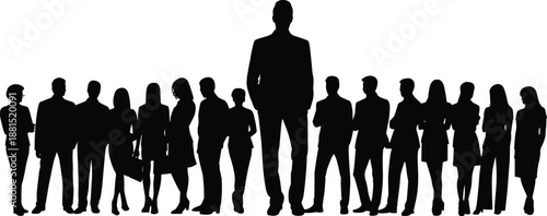 Business leader silhouette standing ahead of team, corporate leadership concept, professional workforce group vector illustration