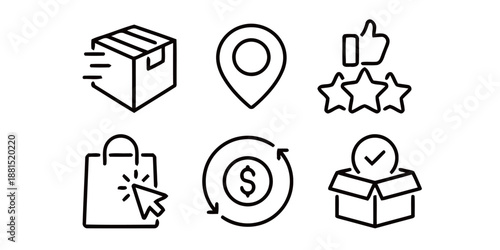 E commerce delivery and online shopping line icons