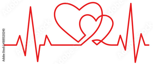 Red heartbeat line with two interlocking hearts, medical pulse and love concept, vector illustration