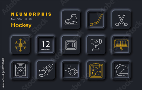 Hockey set icon. Shows skates, sticks, puck, whistle, helmet, goal, trophy, strategy board, ice field, snowflake, timer, scoreboard, number badge