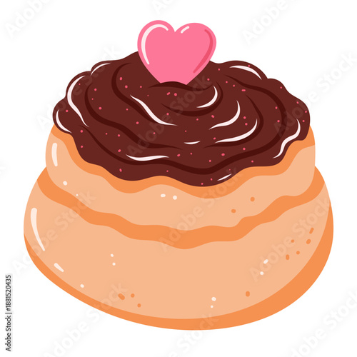 Sweet Choux Dessert with Heart. Romantic Chocolate Cream Pastry. Vector Cute Choux Pastry with Cream