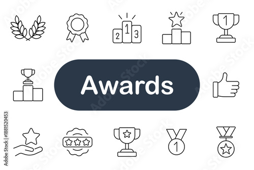 Awards set icon. Trophy, medal, podium, star, ribbon, thumbs up, laurel, badge, winner, reward, success, recognition, champion, performance, victory, rating, best, quality, competition, pride