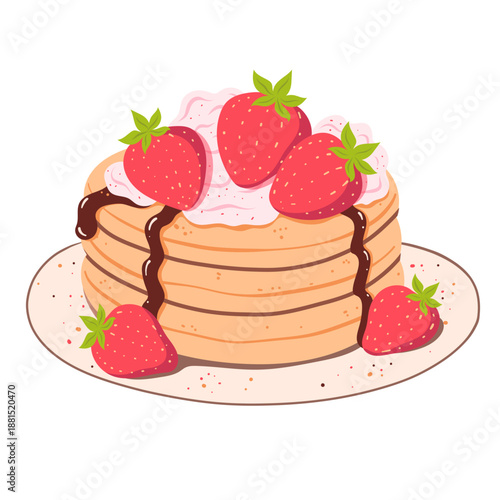 Pancakes with Strawberries and Cream, Chocolate. Vector Flat Illustrations